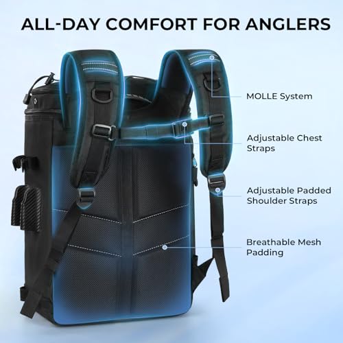 Calamus GearMaster Tackle Backpack with Bait Binder, Large Lightweight Water-Resistant Fishing Bag, Rod Holders, Food Storage - color: Black With (4) 3600 Tackle Boxes