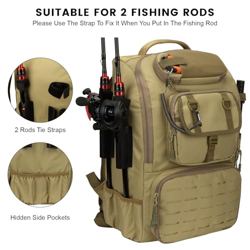 Hp hope Fishing Backpack with Rod Holders & Cooler, 40L Fishing Tackle Bag Fishing Tackle Storage Backpack Fishing Gear for Camping, Khaki - color: Khaki