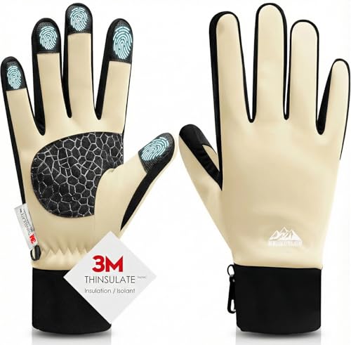 Bruvoalon Winter Gloves for Women & Men, 3M Thermal Insulation, Lycra Fabric, Touchscreen, Anti-Slip - color: Beige, size: X-Small
