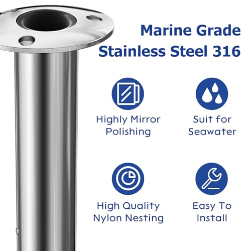 Fishing Rod Holder 2 Pack, 316 Stainless Steel 15/30/90 Degree Rod Holders for Fishing Boat, Flush Mount with Cap, Heavy Duty