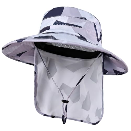 Sun Hats for Men Women, UPF50+ Protection Safari Hat,Wide Brim Fishing Hat with Neck Flap,Bucket Hats for Beach Hiking - color: Camolgrey
