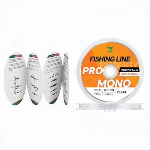 Monofilament Fishing Line with Knot Guide Card, Tangle-Free Snap Ring for No More Mess, Low Memory Smooth Casting Nylon Mono String, 15/20/30/50/80LB, 220-1050 Yards - color: Clear, size: 20LB 220Yards