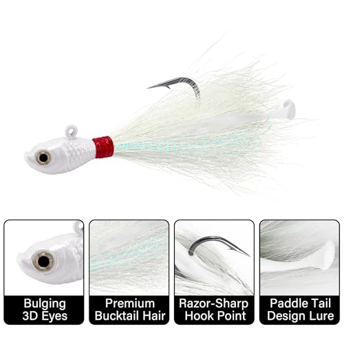 Dr.Fish 3 Pack Bucktail Jigs with Paddle Tail Swimbait Trailer, Saltwater Fishing Hair Jigs Buck Tail Lure White Surf Fishing Mackerel Flounder Bluefish Snapper - color: Red/White, size: 1/2oz-Hook 4/0
