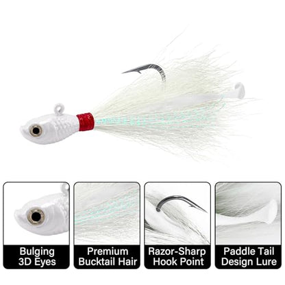 Dr.Fish 3 Pack Bucktail Jigs with Paddle Tail Swimbait Trailer, Saltwater Fishing Hair Jigs Buck Tail Lure White Surf Fishing Mackerel Flounder Bluefish Snapper - color: White, size: 4oz-Hook 8/0