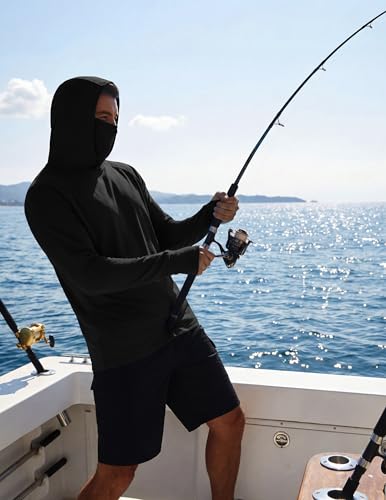 COOFANDY Mens UPF 50+ Sun Protection Hoodie with Mask Lightweight Long Sleeve SPF Fishing Shirts UV Hiking Running Rash Guard - color: Black, size: Large
