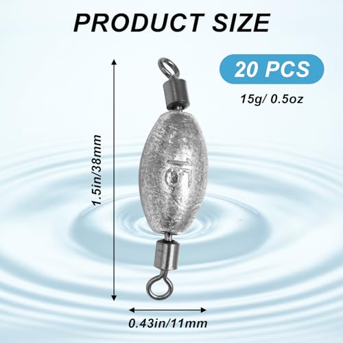 Zorfeter Inline Fishing Weights, Trolling Sinkers Quick Set Up Swivel Weights, Lead Sinkers for Catfishing/Offshore Fishing - size: 15g/0.5oz-20 pcs
