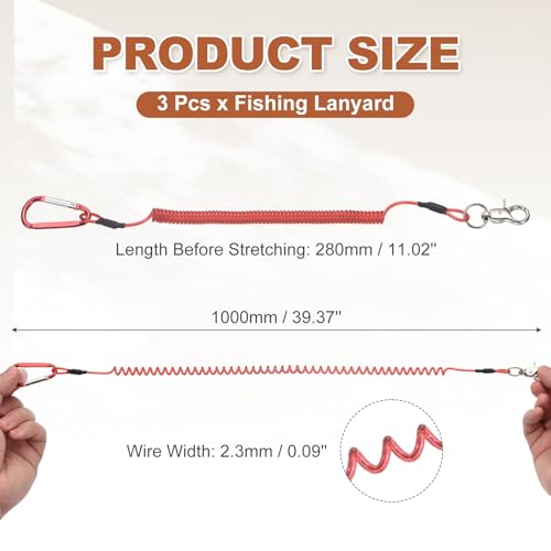 PATIKIL Fishing Lanyard, (39.37" Length, Red) (3Pcs), Retractable Coiled Tether Anti-Lost Rope Coiled with Carabiners and 360° Rotatable Hook, Suit for - Fishing/Hunting/Hiking/Boating - color: Red, size: 39.37"