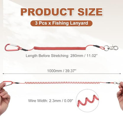 PATIKIL Fishing Lanyard, (39.37" Length, Red) (3Pcs), Retractable Coiled Tether Anti-Lost Rope Coiled with Carabiners and 360° Rotatable Hook, Suit for - Fishing/Hunting/Hiking/Boating - color: Red, size: 39.37"