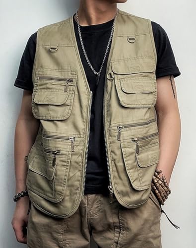 Men's Lightweight Utility Fishing Vest V Neck Safari Photographer Vests - color: Khaki, size: Medium