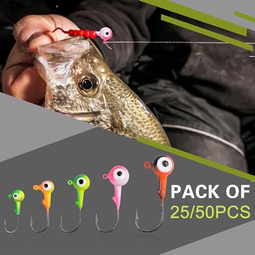 Fishing Jig Head Hooks - 25/50pcs Painted Round Ball Head Jigs with 3D Eyes Crappie Jig Hook for Bass Trout Walleye Fishing Jig Head Baits Assorted 1/32oz 1/16oz 1/8oz 1/4oz 3/8oz - style: 1.8g(1/16oz)-50pcs