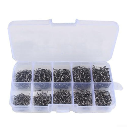 High Carbon Steel Fishing Hooks Set, Assorted Sizes Fly Fishing Hook Kit with Plastic Box, Barbed Terminal Tackle for Freshwater Saltwater Angling, 100 or 500 Pieces(100 per box) - size: 100 per box