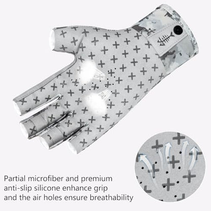 BASSDASH 3/4 Finger UPF 50+ Sun Gloves Breathable Anti-Slip Silicone Palm for Men Women Fishing Fingerless Cycling Running - color: Grey Abstract Camo, size: Small