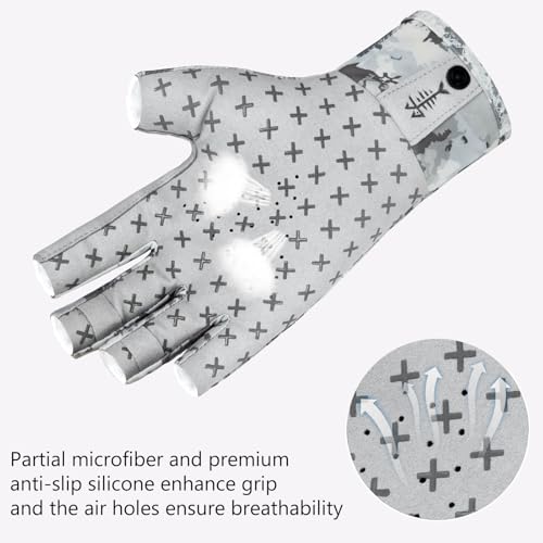 BASSDASH 3/4 Finger UPF 50+ Sun Gloves Breathable Anti-Slip Silicone Palm for Men Women Fishing Fingerless Cycling Running - color: Grey Abstract Camo, size: Large