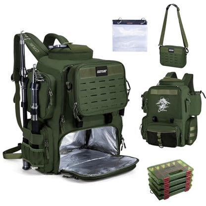 Goture Fishing Backpack with 4 Tackle Boxes,58L 900D Water-Resistant Tackle Backpack with Cooler,Rod Holders,8 Lure Pockets, Detachable Crossbody Bag,Gear Storage Large Fishing Bag for Camping Hiking - color: D1:green With 4 Tackle Boxes
