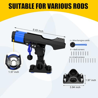 2-in-1 Fishing Rod Holder for Boat Kayak Rod Holder Track Deck Mount, Secure Fishing Pole Holders with Triple Rod Protection, Dual T Bolt, Bungee Cord & Sliding Loop
