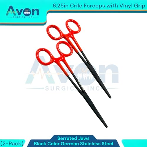 Set of 2pcs Crile Hemostat Forceps 6.25in Black Stainless Steel, Red Vinyl Grip | Multi-Purpose Locking Pliers for Lab, Crafts, Fishing