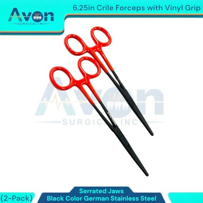 Set of 2pcs Crile Hemostat Forceps 6.25in Black Stainless Steel, Red Vinyl Grip | Multi-Purpose Locking Pliers for Lab, Crafts, Fishing