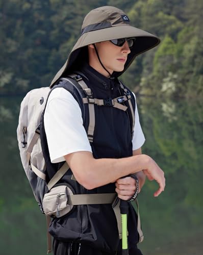 HUAMULAN Men Summer Sun Hat Women Safari Wide Brim Fishing Hats UV Protection Neck Flap Bucket Gardening Hiking Hunting Cap - color: Armygreen With Black Mesh