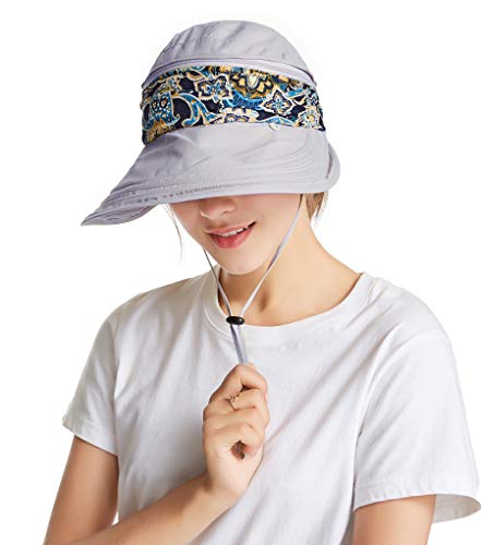 icolor Women Sun Hat UPF 50+ Sun Protection Hat Summer Outdoor Neck Shield Flap Visor Hat Ponytail Hats Wide Brim Beach Hat - color: Gray
