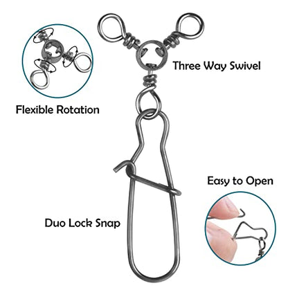 3 Way Snap Swivels Fishing Tackle, 25pcs High Strength T-Turn Fishing Swivels with Snaps Saltwater Fishing Lure Connectors for Trolling Catfish Rig - size: 2#-75lb-25pcs