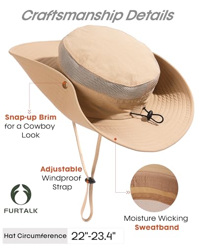 FURTALK Sun Hats for Men Women UPF Sun Protection Breathable Wide Brim | Nylon UV Protection, Breathable Adjustable, 2-in-1 Wide Brim, Packable Water-Resistant, Fishing Hiking Summer - color: Khaki