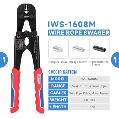 iCrimp Wire Rope Crimping Tool Kit with Swager, Cutter and Aluminum Loop Sleeves 3/64'',1/16'',5/64'', 3/32'',7/64'',1/8'', for Mono Fishing Line,Cable Railing, Sling
