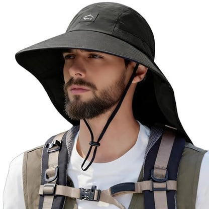HUAMULAN Men Summer Sun Hat Women Safari Wide Brim Fishing Hats UV Protection Neck Flap Bucket Gardening Hiking Hunting Cap - color: Black With Black Mesh