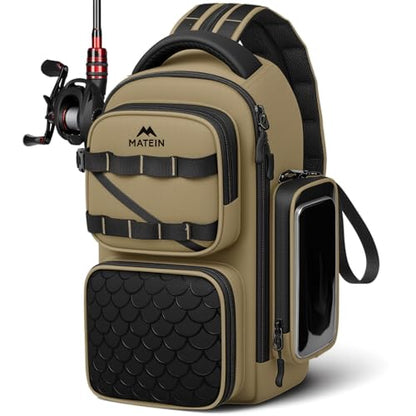 MATEIN Fishing Sling Bag with Phone Pouch, 3600 Tackle Box Backpack | Tackle Bag with Removable Bait Binder, Fishing Bag with Lure Rod Holder, Cooler Compartment, Waterproof, Women Fishing Gifts - color: Khaki & Black