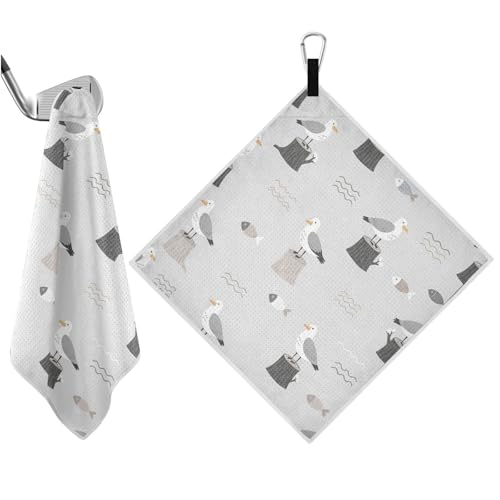Seagull Fish Gray Print Magnetic Golf Towel for Golf Bags Microfiber Golf Essentials for Men Women with Carabiner Clip Attaches to Carts and Clubs, 17.7"x17.7"