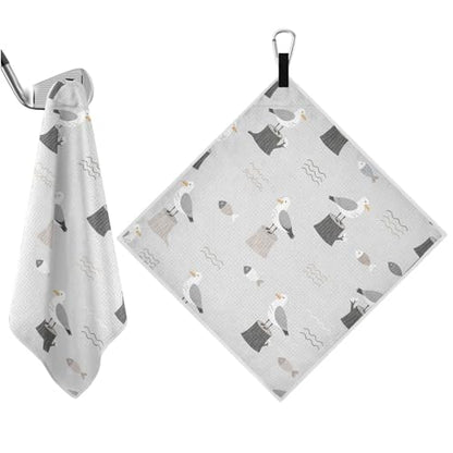 Seagull Fish Gray Print Magnetic Golf Towel for Golf Bags Microfiber Golf Essentials for Men Women with Carabiner Clip Attaches to Carts and Clubs, 17.7"x17.7"