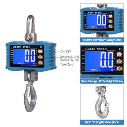 Hanging Scale, Geevorks Digital Crane Scale 1000KG/ 2204lbs, Industrial Crane Scale LCD Backlight with Unit Change/Data Hold/Tare/Zero for Construction Site Farm Hunting Fishing Outdoor Work