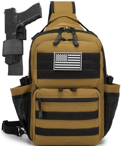 Tactical Sling Backpack Holster Range Shoulder Bag 15L Crossbody Bag Water Bottle Holder Radio Pouch 6 Elastic Slots - color: Brown Tan