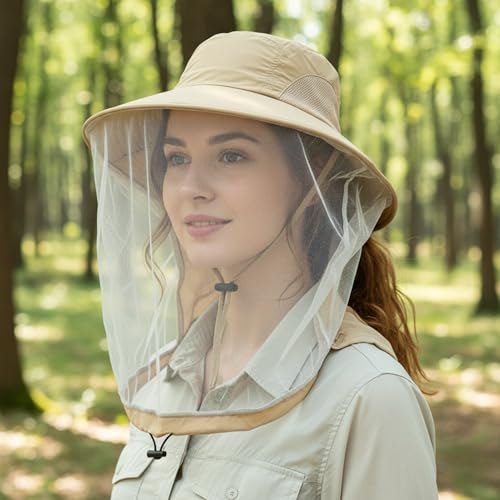 Mosquito Fishing Safari Mesh Net Hat with Neck Flap, Sun Protection Women Men Bug Cap, Hidden Netting Boonie - color: Beige