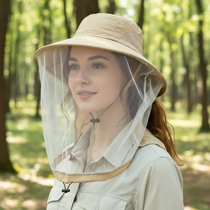 Mosquito Fishing Safari Mesh Net Hat with Neck Flap, Sun Protection Women Men Bug Cap, Hidden Netting Boonie - color: Beige