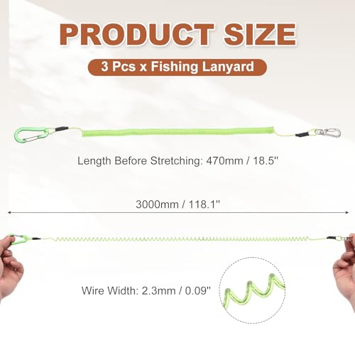 PATIKIL Fishing Lanyard, (118.11" Length, Green) (3Pcs), Retractable Coiled Tether Anti-Lost Rope Coiled with Carabiners and 360° Safety Buckle, Suit for - Fishing/Hunting/Hiking/Boating - color: Green, size: 118.11"
