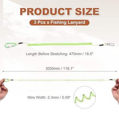 PATIKIL Fishing Lanyard, (118.11" Length, Green) (3Pcs), Retractable Coiled Tether Anti-Lost Rope Coiled with Carabiners and 360° Safety Buckle, Suit for - Fishing/Hunting/Hiking/Boating - color: Green, size: 118.11"