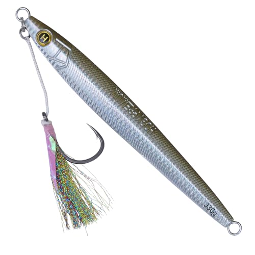 Hogy Big-Game Sand EEL Jig - Tuna Fishing Lure Knife-Style Deep Water Jig | Knife-style deep water jig with heavy-duty assist hooks for Tuna, Striped Bass, Groundfish & saltwater fishing. - color: Olive, size: 10/0 - 12oz