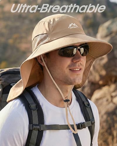 FURTALK Sun Hats for Men Women Fishing Hat with Neck Flap Chin Strap UPF 80+ Wide Brim Hiking Safari Summer Hats - color: Khaki