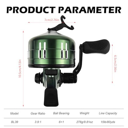 Spincast Fishing Reel, All-Metal Gears, Easy to Use Push Button Casting Design, Changeable Right/Left-Hand Retrieve - color: Green