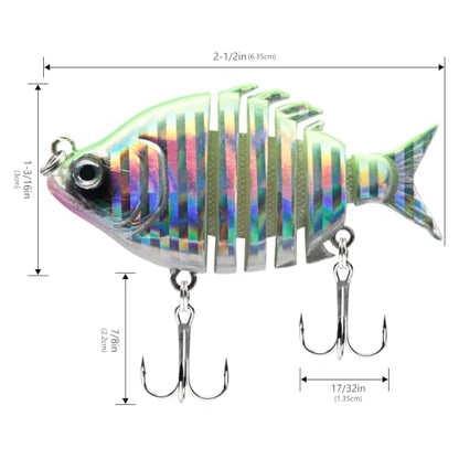 Bassdash SwimPanfish 0.34oz Hard Swimbaits Multi Jointed Topwater Trout Bass Fishing Crank Lure for Freshwater and Saltwater - color: Green/Silver