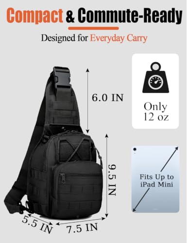 J.SH Tactical Sling Bag for Men, Modular Crossbody Bag with MOLLE - 9L | 800D Nylon Fabric, Tactical Backpack, Small EDC Backpack for CCW, Hiking, Cycling, Travel, Commuting and Outdoor Activities - color: Black - Small (9l)