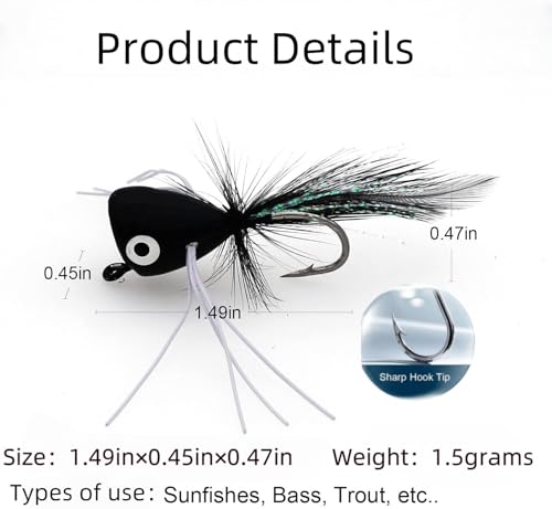 Fly Fishing Poppers,Topwater Popper Flies Bugs Lure, Dry Flies Kit for Bluegill Sunfish Bass Crappie Steelhead Flies Trout Salmon Perch for Fly Fishing Bass Panfish Bluegill Trout Salmon - color: 10pcs