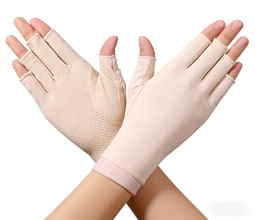 Eohak Women Driving Gloves Sun UV Protection Summer Outdoor Hiking UPF 50+ Glove Touchscreen Half-Finger Glove - color: Apricot Color