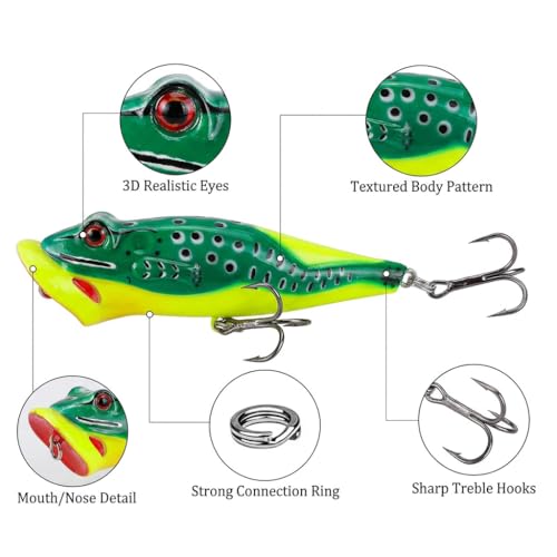 Popper Fishing Lures Topwater Fishing Baits Hard Baits 3D Eyes Swimbait Crankbait with Treble Hook for Bass Trout Freshwater Saltwater - color: 5pcs-3.15in/0.44oz