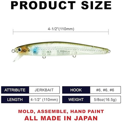 LUCKY CRAFT FlashMinnow 110 Ghost Series Saltwater Fishing Lures, Jerkbait for Halibut and Bass Fish, Slow Suspending 1–2 ft, Surf Fishing Gear and Tackle Box Accessories - color: 682 Flake Flake Baby Ghost Mullet