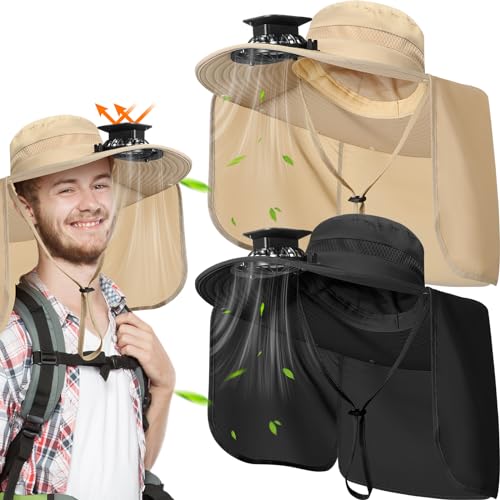 Maiteenly 2 Pcs Solar Fan Hat for Men with Neck Flap Bucket Fan Buit in Hats for Hiking Fishing Outdoor USB and Solar Powered - color: Black,khaki