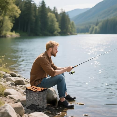 XhuangTech Floating Fishing Basket, Collapsible Fish Basket Portable Fishing Net Storage Cage for Live Caught Fish, Foldable Rubber Coated Bait Minnow Bucket 3.5/10 Gallons Live Well, Orange - size: Large