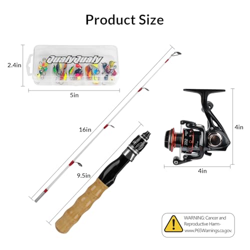 QualyQualy Ice Fishing Rod Reel Combo Complete Set Ice Fishing Gear with Backpack Seat Ice Cleats Ice Fishing Jigs Line Full Ice Fishing Kit 24" 26" - style: 24" Fishing Rod Combo 52pcs