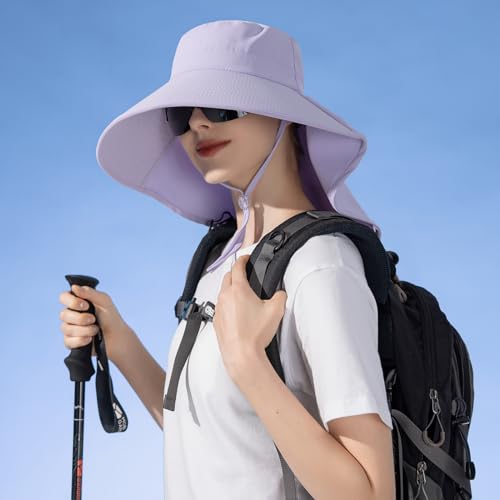 HUAMULAN Men Summer Sun Hat Women Safari Wide Brim Fishing Hats UV Protection Neck Flap Bucket Gardening Hiking Hunting Cap - color: Bg8112-lightpurple