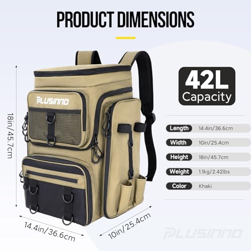 PLUSINNO Fishing Backpack with Rod Holders, 42L Large Water-Resistant Tackle Bag for Fishing, Camping, Hiking, Gifts - Khaki - color: Khaki